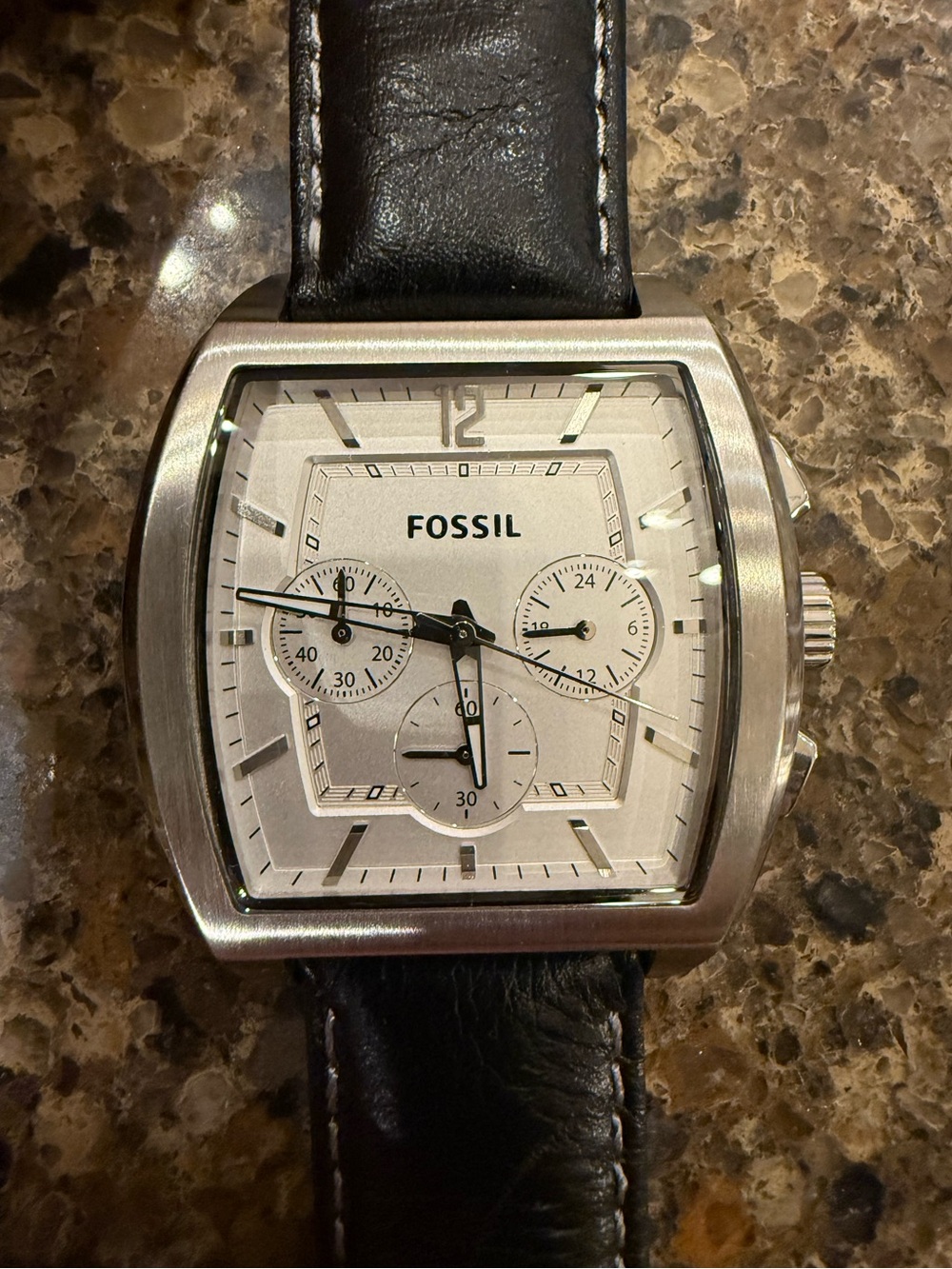 Fossil Men's chronograph square-face watch, stainless steel with white dial. EUC